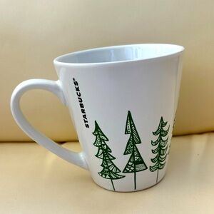 Starbucks 2015 Holiday Coffee Mug 12 Oz Mug White With Green Trees  Rare Retired